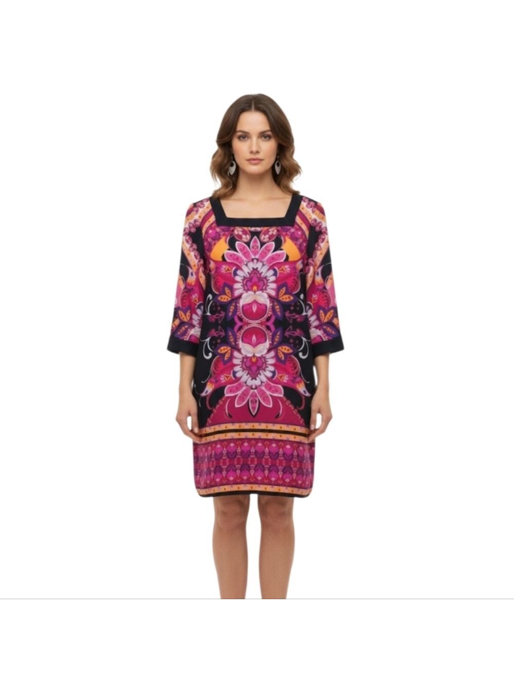 MUSE Jewel Tone Square Neck 3/4 Sleeve Midi Floral Print Dress Size 14